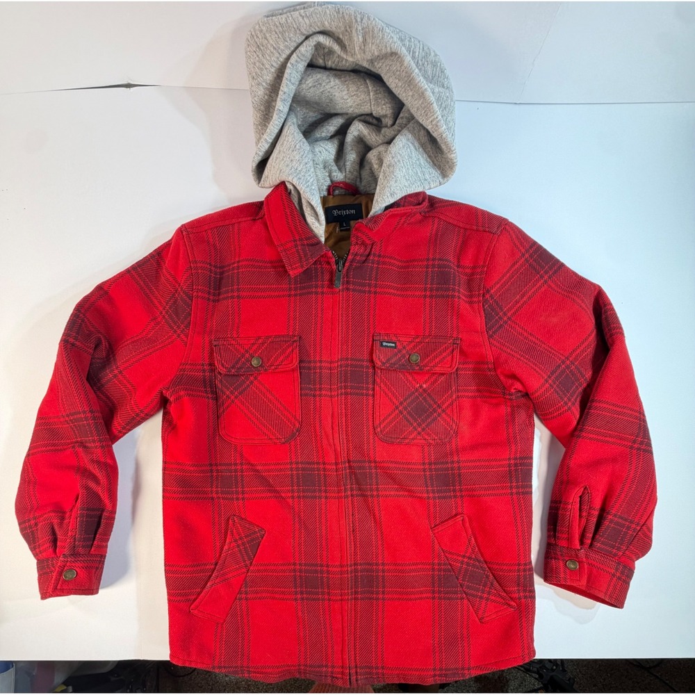 Brixton Mens Red Plaid Quilted Lined Full Zip Hooded Flannel Jacket Large